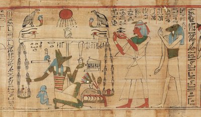 Détail du Livre des Morts du prêtre Aha-Mer représentant Anubis pesant le cœur du défunt contre la Plume de Vérité (papyrus) - Egyptian 21st Dynasty