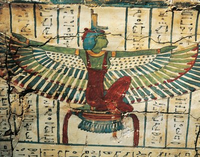 Bois peint et laqué, représentant la déesse Isis avec des ailes déployées, sur le sarcophage de Cesraperet de Thèbes-Ouest - Egyptian 25th Dynasty