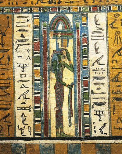 Panneau en bois plâtré et peint représentant la déesse Isis, du sarcophage d