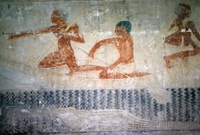 Pêcheurs et un crocodile du mur nord de la chapelle mastaba de Ti, Ancien Empire - Egyptian 5th Dynasty