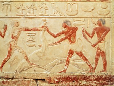 Bouchers abattant un bœuf, relief de la tombe de la princesse Idut, Ancien Empire, vers 2330 av. J.-C. - Egyptian 6th Dynasty