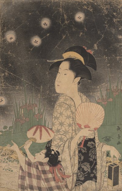 Femme et enfant attrapant des lucioles - Eishōsai Chōki