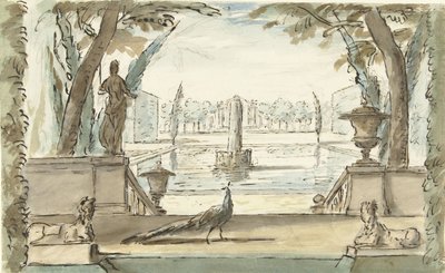 Vue dans un jardin avec un étang, une fontaine et un paon - Elias van Nijmegen
