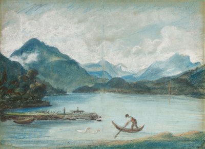 Vue du lac Léman avec un homme ramant une petite barque et deux cygnes - Elisabeth Louise Vigee Lebrun