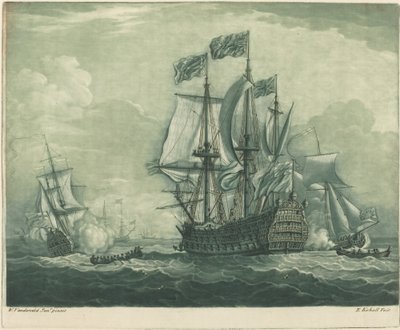 Scène de navigation avec un vaisseau de guerre - Elisha Kirkall after Willem van de Velde the Younger