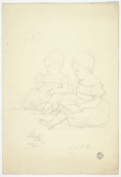 Deux petites filles assises (recto), une nature morte et deux animaux (verso) - Elizabeth Murray