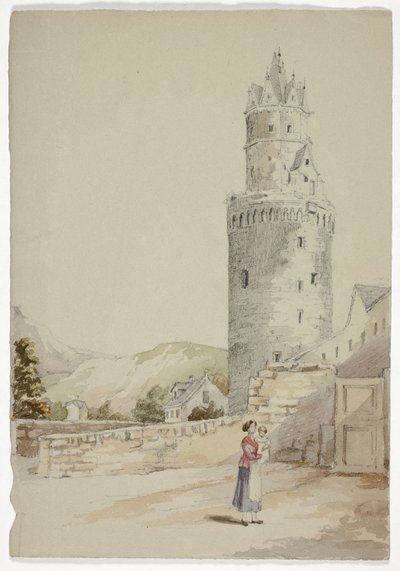 Femme et enfant devant une ville fortifiée avec tour - Elizabeth Murray