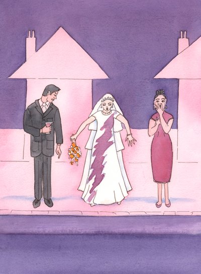 Une mariée est horrifiée de voir une tache sur sa robe, et nous devrions également éviter d