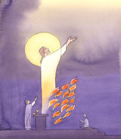 À la messe, nous prions avec le Christ qui tend la main au Père dans l