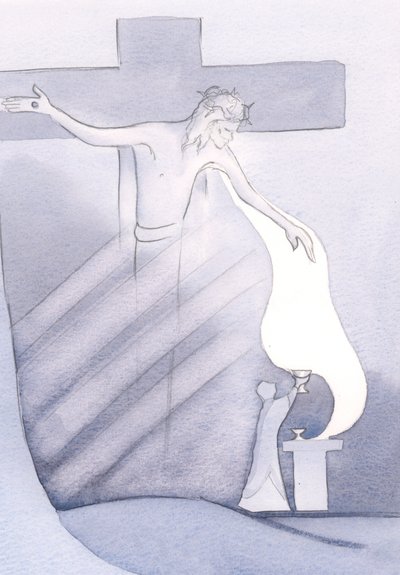 À chaque messe, le Précieux Sang du Christ est versé de la Croix, pour notre salut du péché - Elizabeth Wang