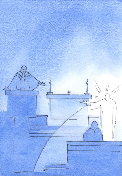 Le Christ est apparu devant moi, levant le bras pour indiquer la chaire où, m
