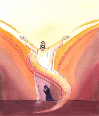 Le Christ est vraiment présent dans le tabernacle, priant constamment pour nous, les bras étendus en prière vers le Père au-dessus, que le Christ voit demeurer dans la gloire que nous ne pouvons pas encore voir - Elizabeth Wang