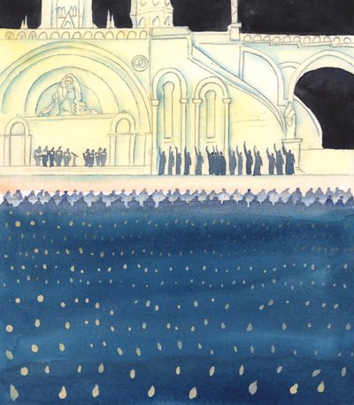 Dieu et ses saints anges regardent avec joie partout où le Christ et sa mère Marie sont présents, où le Christ est adoré et Marie honorée, et où les gens suivent leur exemple - comme au Domaine, à Lourdes, 2005 (aquarelle sur papier). - Elizabeth Wang