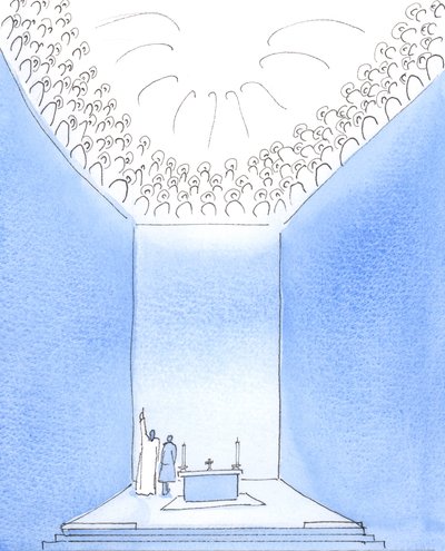Dieu le Père est entouré au ciel par les saints qui partagent sa joie, 2005 (aquarelle sur papier) - Elizabeth Wang