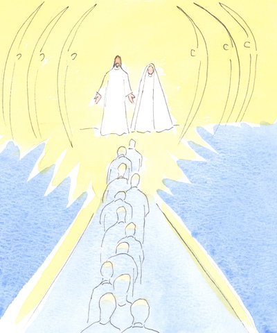 Jésus crucifié attend à la porte du ciel, avec sa mère Marie et les saints anges - Elizabeth Wang
