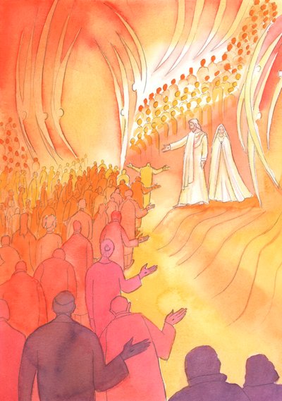 Jésus crucifié attend à la porte du ciel, avec sa mère Marie et les saints anges - Elizabeth Wang