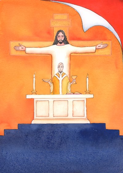 Jésus est Présent avec nous à la messe, priant le Père en notre nom, pour de l