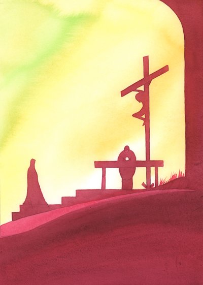La messe est comme une fenêtre dans le temps, à travers laquelle nous sommes présents au Sacrifice Sauveur du Christ, tandis que Marie regarde - Elizabeth Wang