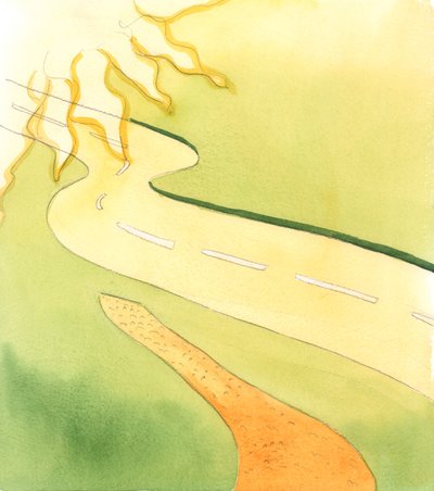 La nouvelle route en cours de construction représente le chemin jamais parcouru par le couple qui est maintenant devenu un couple marié uni par Dieu, 2005 (aquarelle sur papier) - Elizabeth Wang