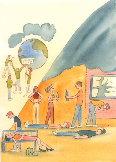 La vie terrestre comporte de nombreux dangers, tels que la pollution et la famine, 2004 (aquarelle sur papier) - Elizabeth Wang