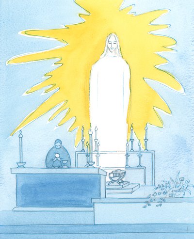 Vraiment, le Christ notre Dieu est présent devant nous, Corps, Sang, Âme et Divinité : présent en gloire à chaque messe pour prier le Père en notre nom - Elizabeth Wang