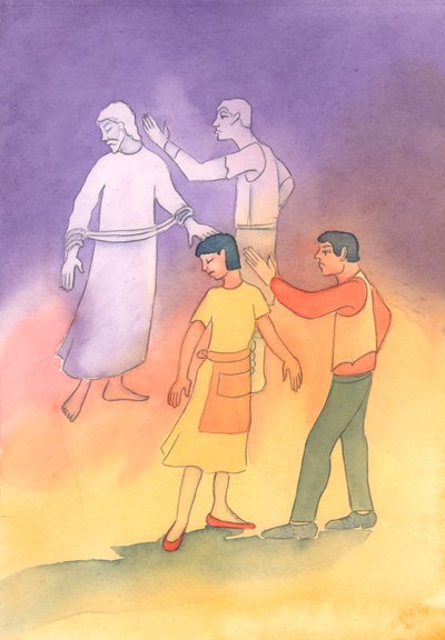 Quiconque maudit, frappe, abandonne ou "détruit" un conjoint maudit le Christ dans sa passion, 2003 (aquarelle sur papier) - Elizabeth Wang