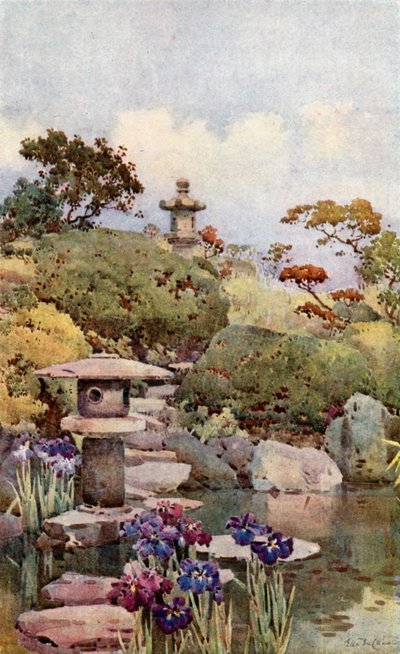 A Tokyo Garden (colour litho) - Ella Du Cane