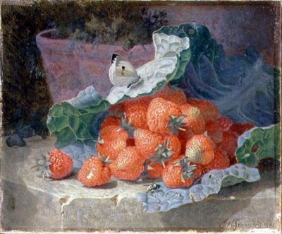 Fraises dans une feuille de chou avec un pot de fleurs derrière - Eloise Harriet Stannard