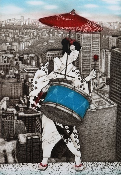 Une fille au tambour, 2007 (gravure en couleur) - Emiko Aida