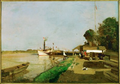 Station de bateaux à vapeur sur le Danube près de Kaisermuehlen - Steamboat station on the Danube near Kaisermuehlen ... (painting on canvas) - Emil Jakob Schindler
