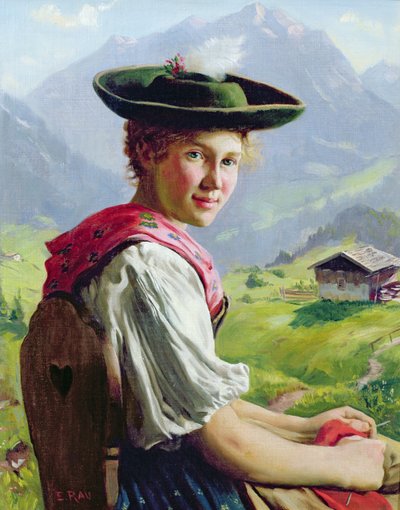 Fille avec un chapeau dans un paysage de montagne - Emil Karl Rau