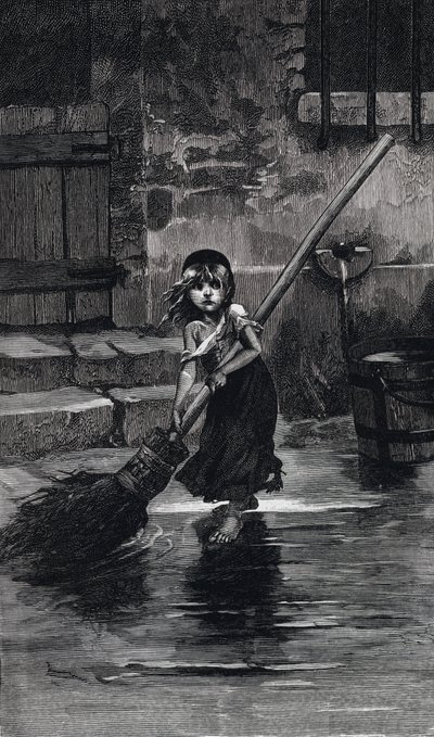 Scène des Misérables, de Victor Hugo : Cosette balayant (gravure) - Emile Antoine (after) Bayard