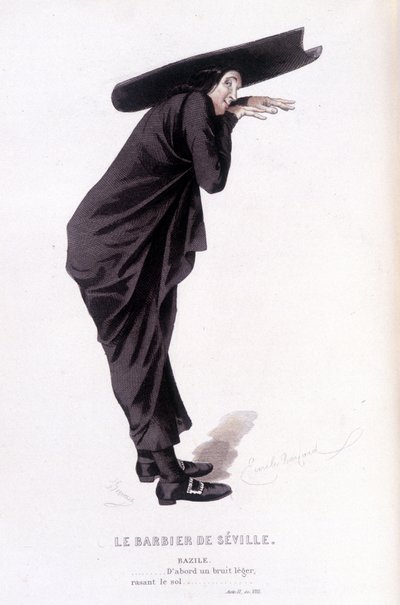 Œuvre complète de Beaumarchais (1732-1799) par Édouard Fournier. dessin par Émile Bayard. éd. Laplace, Sanchez et Cie, Paris 1876. Voici Bazile dans "Le Barbier de Séville" - Emile Antoine Bayard