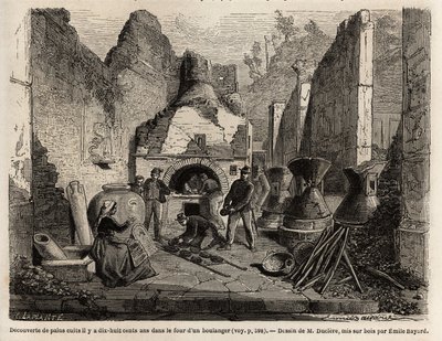 Découverte par un four de boulangerie et pain conservé dans la cendre lors des fouilles de 1864 à Pompéi, dessin pour illustrer le texte de Marc Monnier « Pompéi et les Pompéiens ». Gravure dans « Le tour du monde », édité par - Emile Antoine Bayard