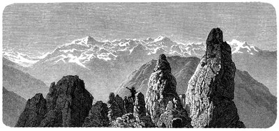 Sommet de montagne appelé Pierre à Voir près des bains de Saxon dans le Valais, Alpes suisses. Illustration par Émile Bayard pour le livre d