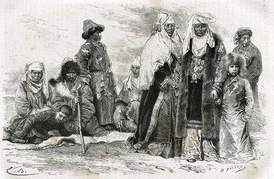 Femmes kirghizes pauvres et riches. Gravure par Émile Bayard, pour illustrer les impressions de voyage d