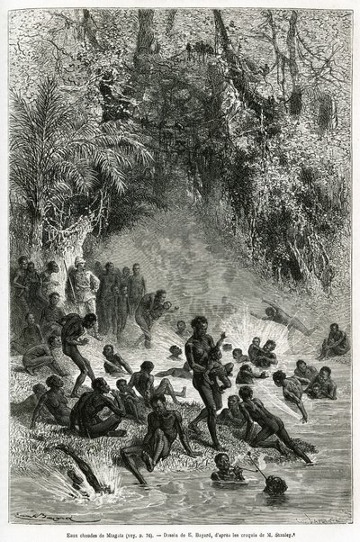 Sir Henri Morton Stanley au milieu des baigneurs de la région de Karagoué (Cameroun), qui plongent dans le bassin d