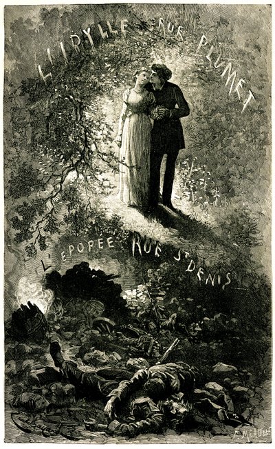 Les Misérables de Victor Hugo : intrigue sentimentale sur fond de fresque historique. Cosette et Marius amoureux (idylle rue Plumet) et les barricades de Paris (Révolution - Épopée rue Saint-Denis). Illustration par Émile Bayard pour l