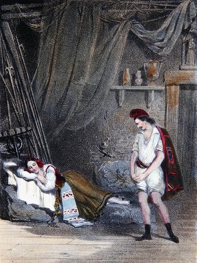 Scène représentant la fille muette Fenella endormie dans une hutte avec son frère Masaniello : acte IV de l
