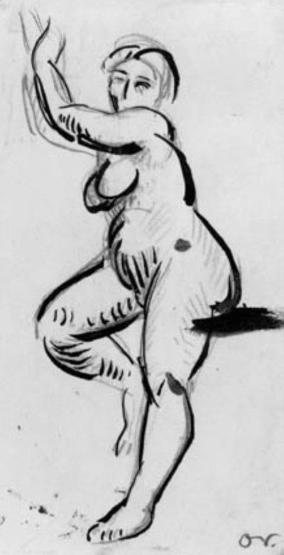 Modèle féminin debout tournée vers la gauche avec les bras levés au-dessus de la tête - Emile Othon Friesz