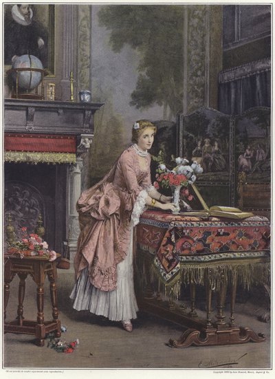 Une femme plaçant un vase de fleurs sur une table - Emile Pierre Metzmacher