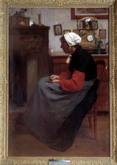 Cœur simple. Un vieux paysan endormi sur une chaise dans un intérieur rustique. Peinture d