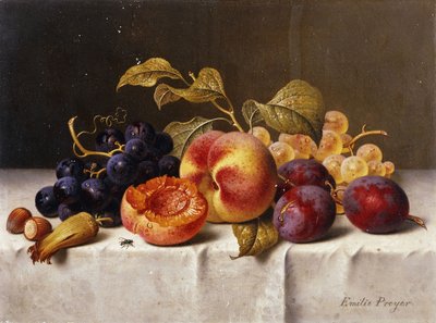 Raisins, Pêches, Prunes et Noix sur une Table Drapée - Emilie Preyer