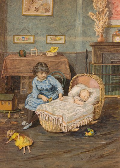 Fille surveillant un bébé dans un berceau - Emily Jane Harding Andrews