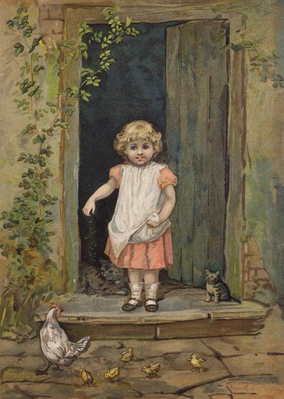 Petite fille nourrissant les poules depuis le seuil de sa maison (chromolithographie) - Emily Jane Harding Andrews