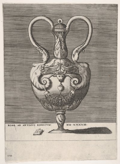 Vase antique avec couvercle et deux poignées émergeant des têtes de sphinx hybrides..., 1543 ou après - Enea Vico