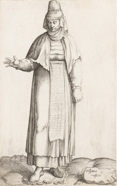 Planche de costume : Hispana Rustica avec étiquette sur le rocher, ca. 1557-58 - Enea Vico