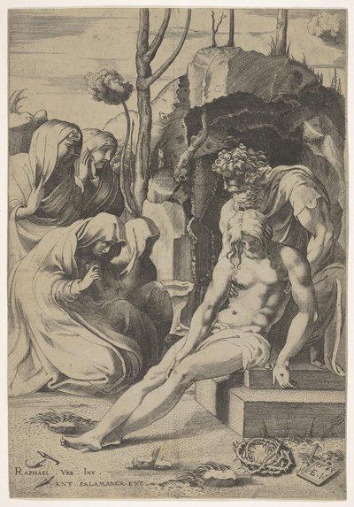 Mise au tombeau du Christ, dont la poitrine est saisie par Joseph d