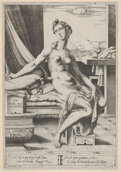 Lucrèce nue et assise devant une fenêtre, un poignard dans la main droite - Enea Vico