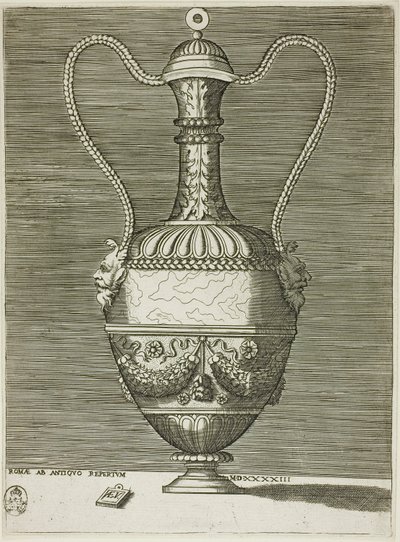 Vase avec deux masques grotesques, planche six de la série de vases dessinés d